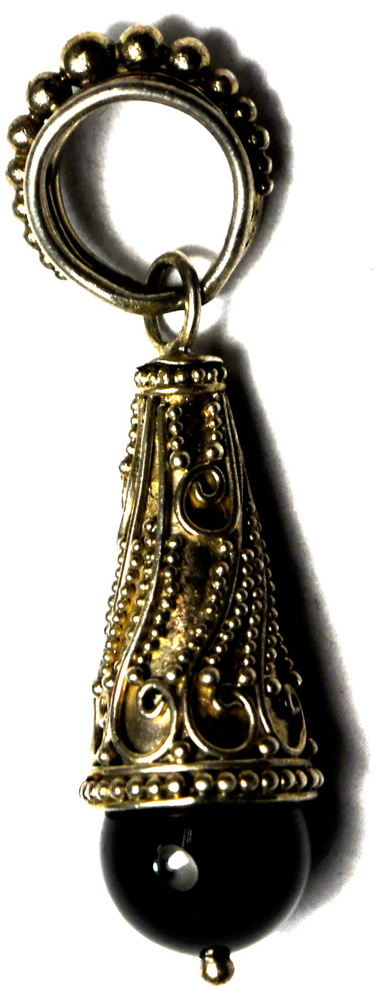 Sterling Silver BA Bali Suarti Black Onyx Ornate Cone Pendant 47mm x 12mm