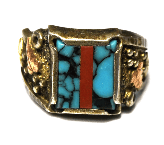 Sterling Coleman CCO Coral Turquoise Inlay Black Hills Gold Ring 14mm Size 9-1/2