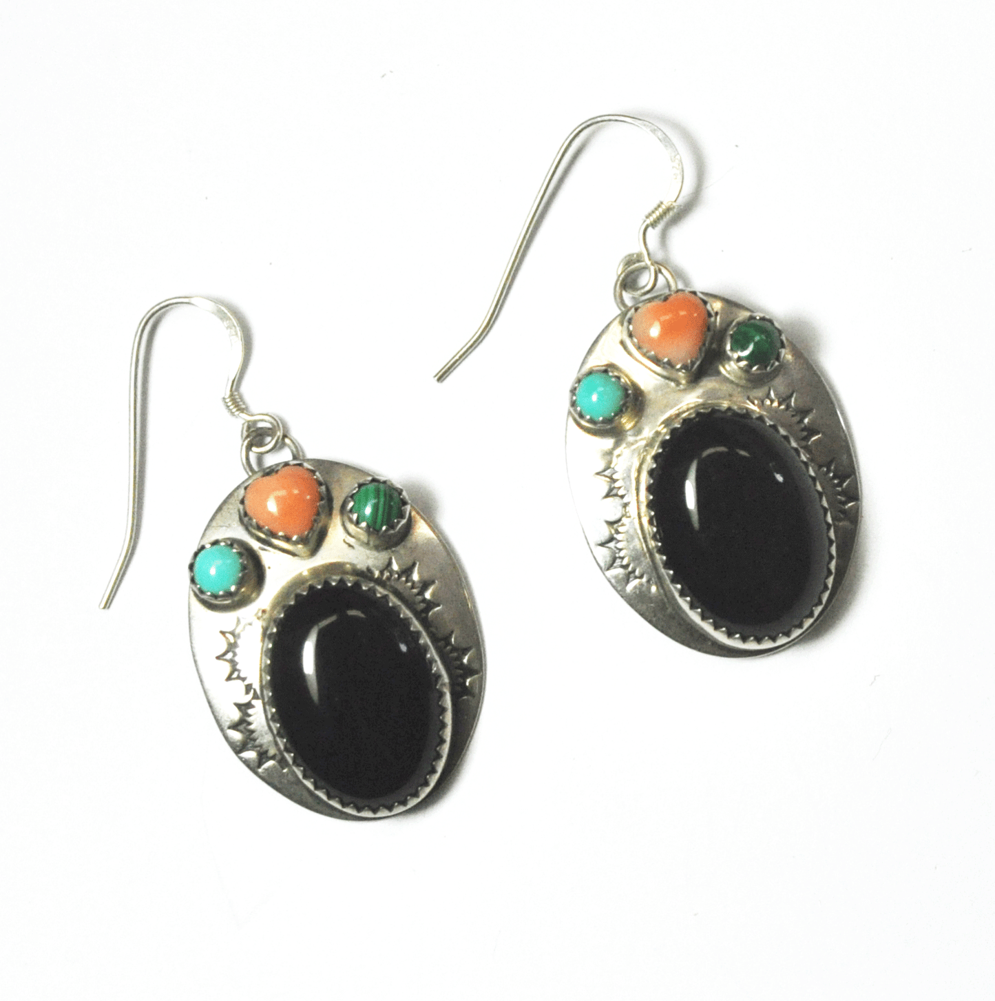 Sterling Silver Black Onyx DH Heart Multi Stone Oval Earrings Hook 1-3/4" x 22mm