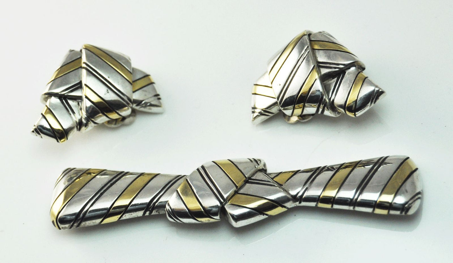 Michael Bondanza Sterling & 18k Striped Bow Tie Knot Brooch Pin & Earring Set