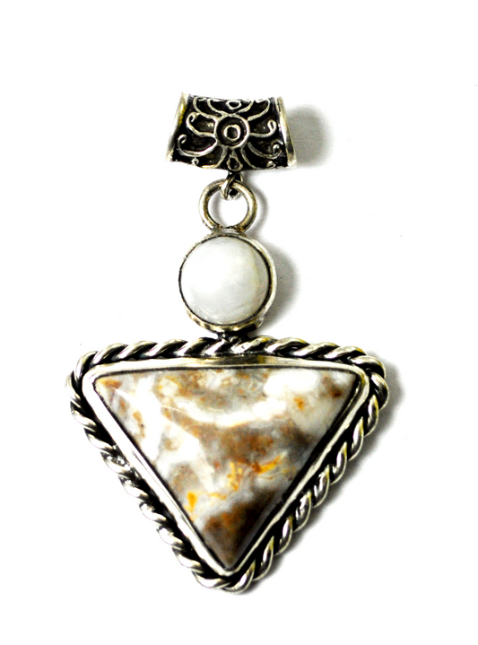 Sterling Latte Cream Brown Cloudy Jasper Trillium Dangle Pendant Slider 2-1/8"