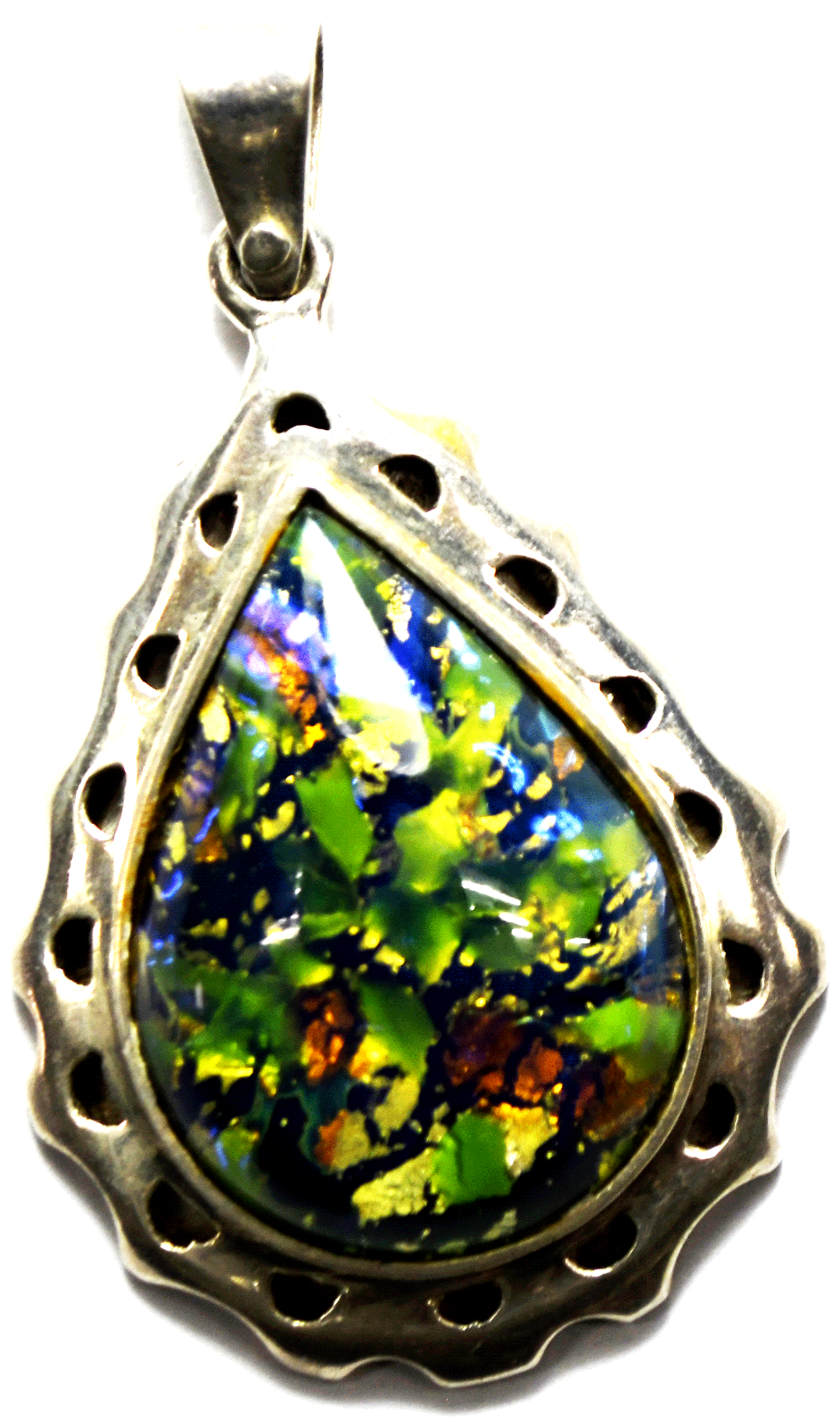 Sterling Silver Mexico Glass Iridescent Teardrop Pendant 55mm x 32mm