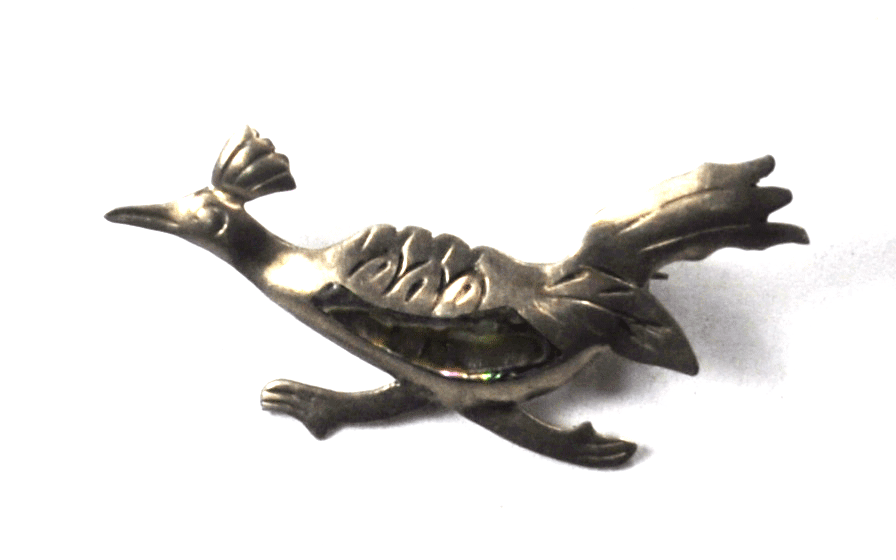 Sterling PRH Mexico Abalone Road Runner Bird Brooch Pin 45mm x 21mm