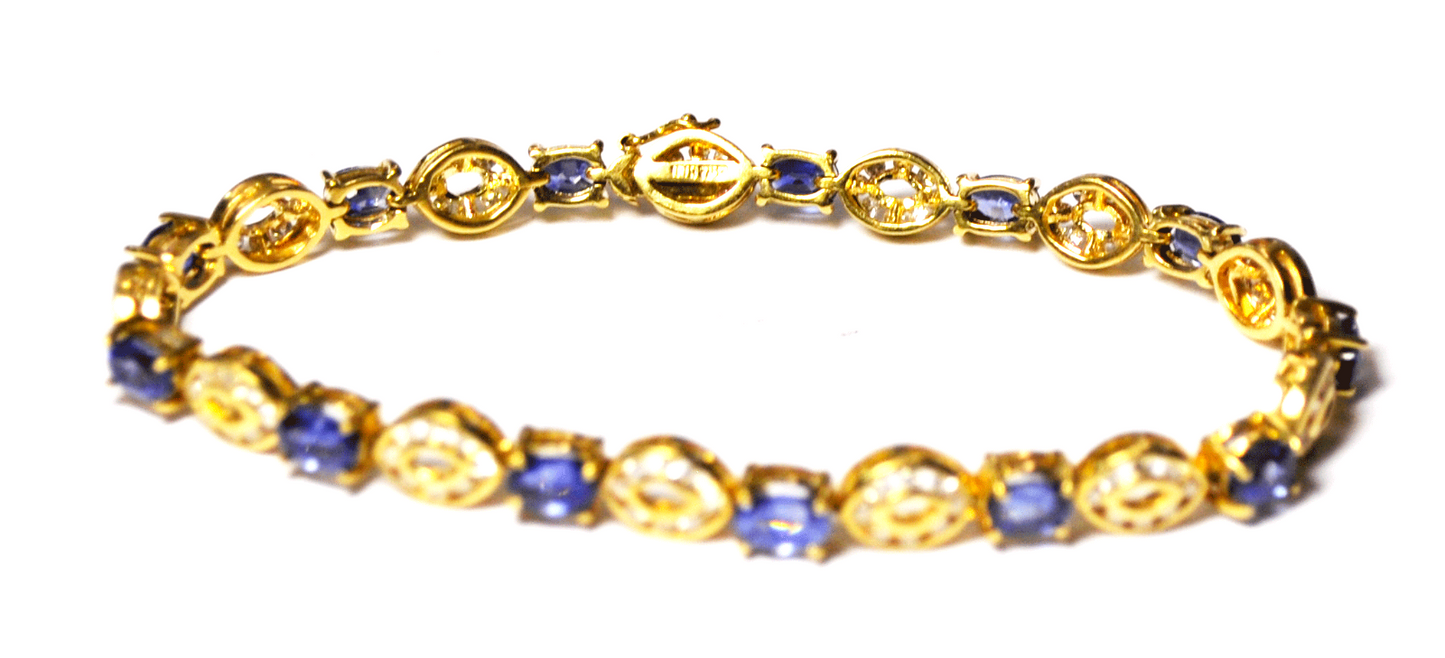 18k Gold Blue Natural Sapphire & Oval Diamond Cluster Tennis Bracelet 6mm 7"