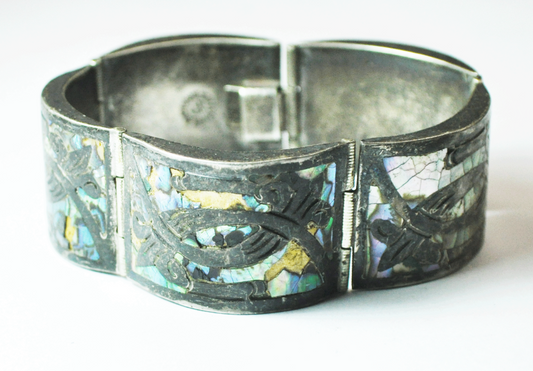 Sterling JPH Mexico Abalone Inlay Bangle Link Bracelet 24mm 7" Wrist 40.5g