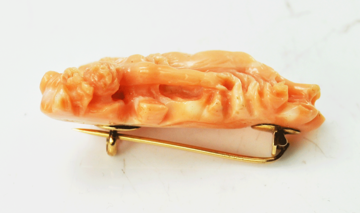 Beautiful Cherub Angel Carved Salmon Pink Coral Brooch Pin 42mm x 27mm