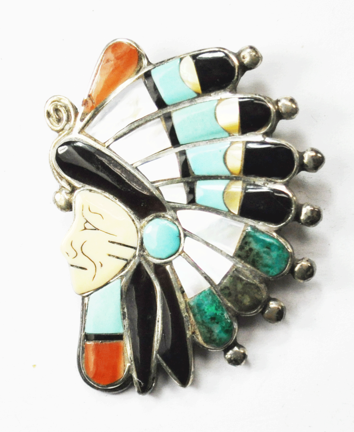 Sterling Chief Headress Inlay Brooch Pin 2" x 1-1/2" Turquoise Mop Onyx Coral