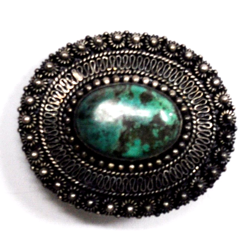 Sterling Silver Jerusalem Oval Turquoise Brooch Pin 38x34mm