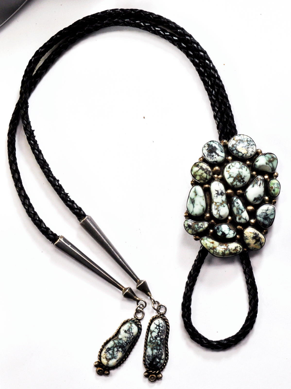 Sterling Fred Guerro Pale Blue Green Spiderweb Turquoise Bolo Tie 2-1/8"x 2-7/8"