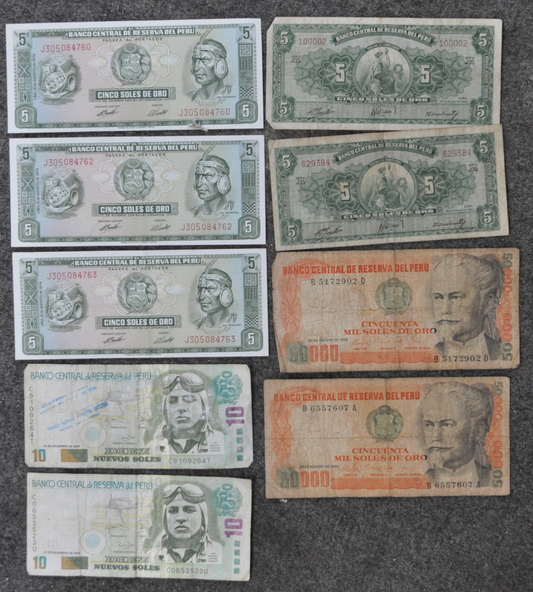 Lot of 9 Peru Currency Notes 5 10 50,000 Soles 2 Sequential