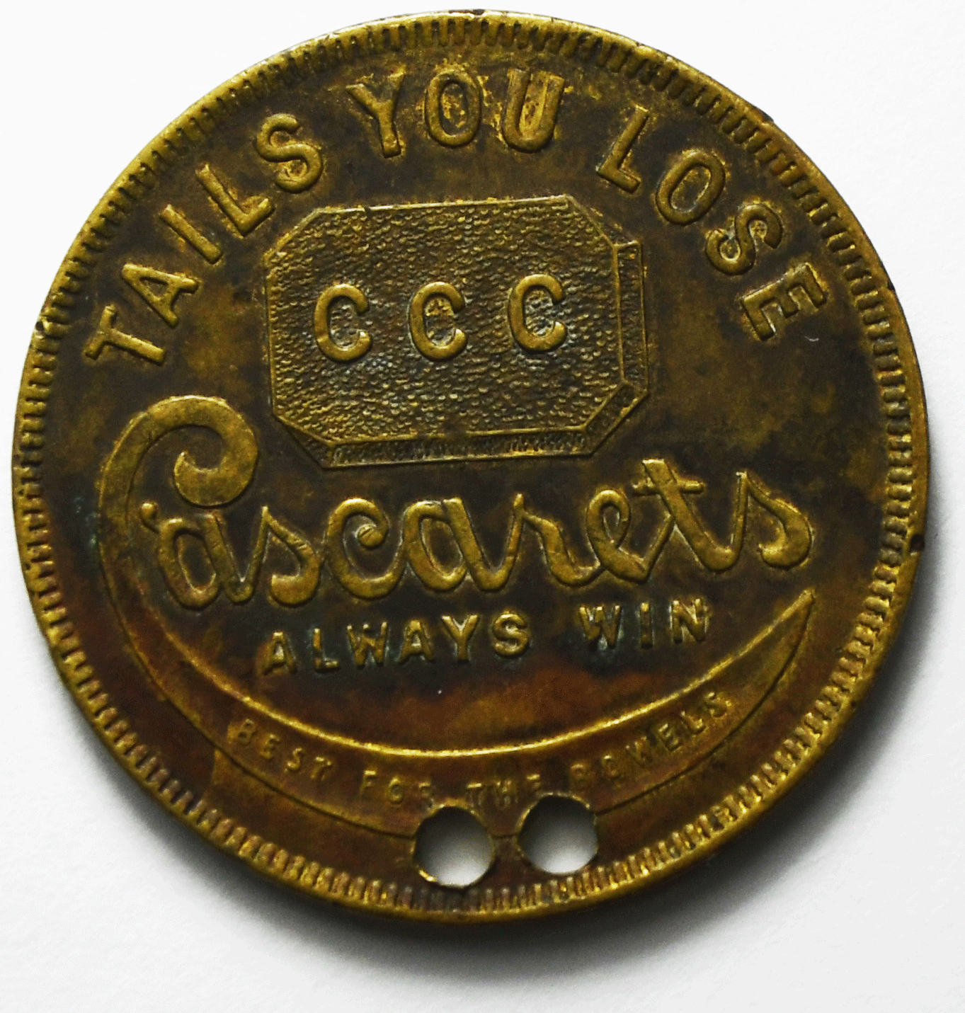 Cacarets Best For the Bowels Laxative Heads Tails Good Luck Token 32mm 2 Holes