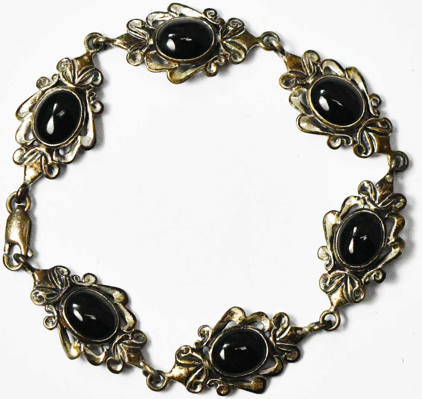 Sterling Silver (M) Oval Black Onyx Scroll Filigree Bracelet 15mm 7-1/4"