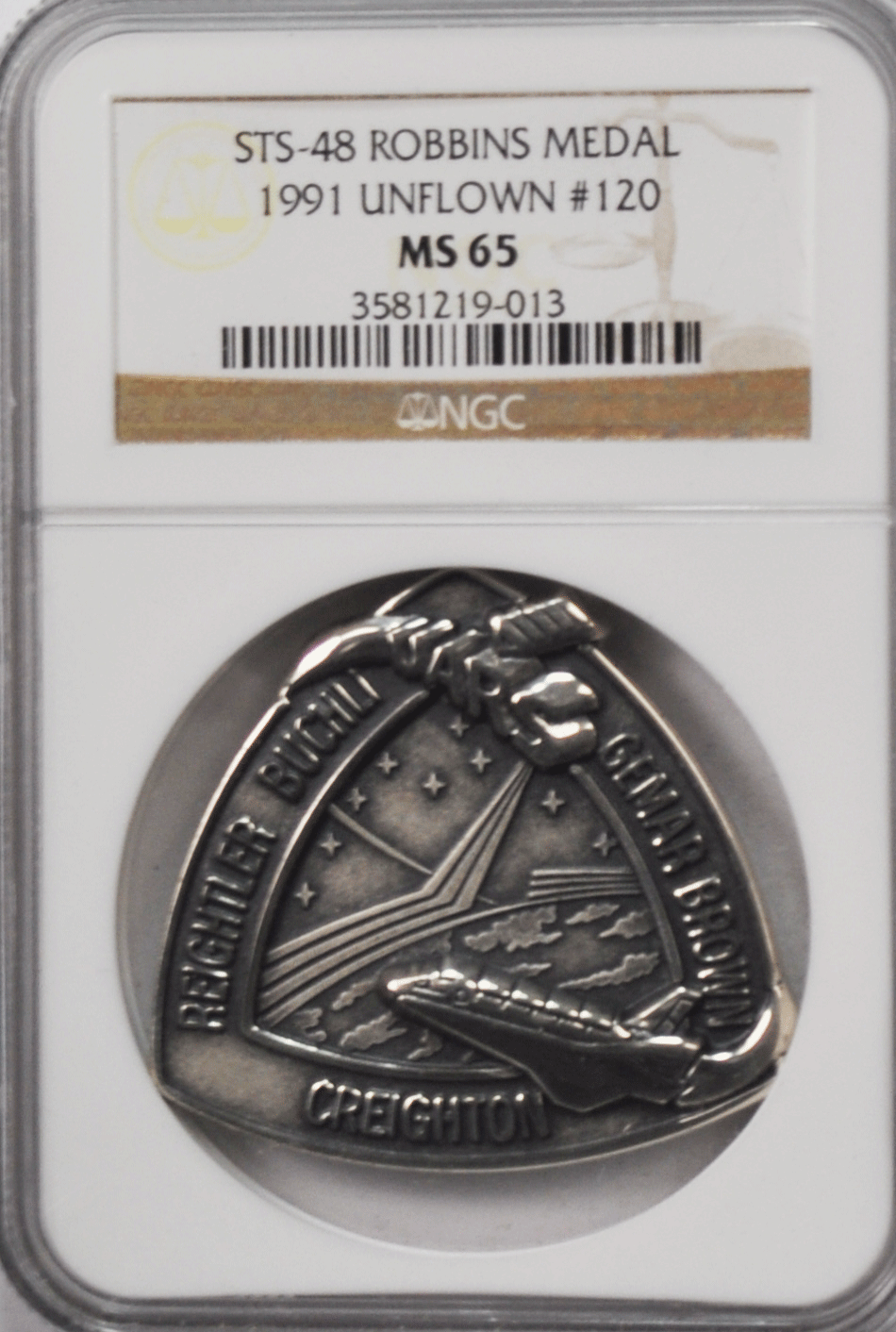 1991 STS-48 Robbins Space Silver Medal Unflown #120 NGC MS65 Discovery