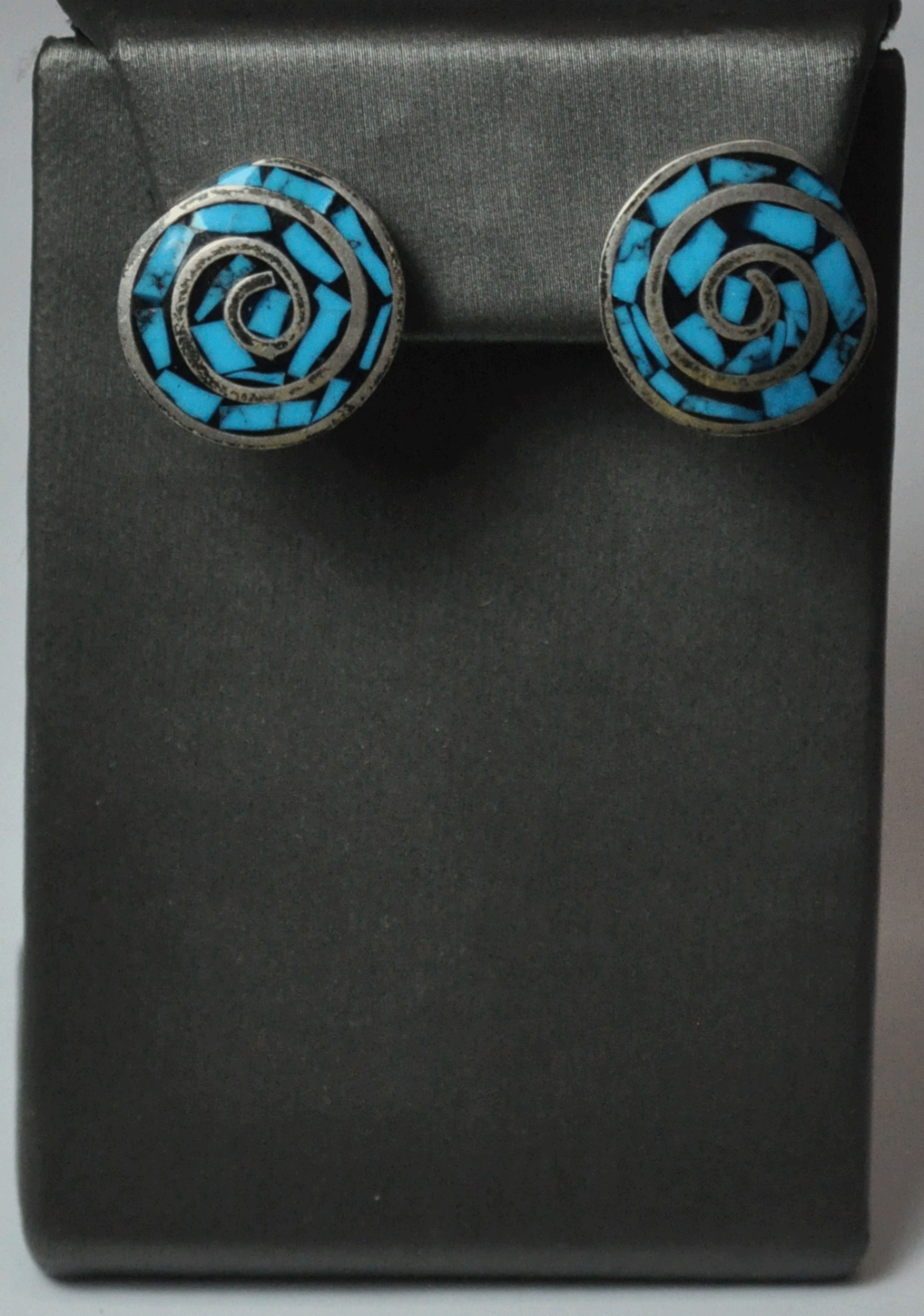 Sterling Mexico TS-102 Blue Turquoise Swirl Inlay Round Earrings 18mm Stud