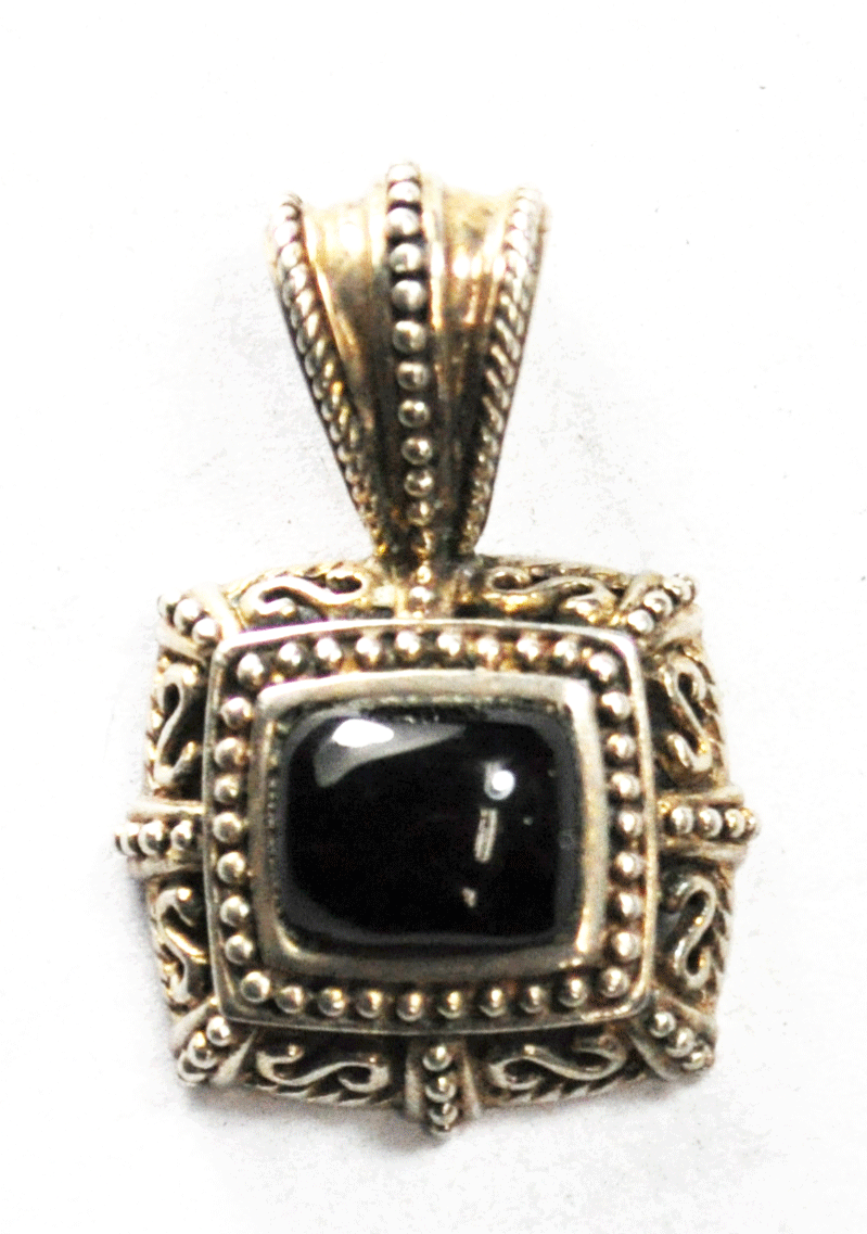 Sterling Silver Ornate Domed Black Onyx Rectangle 32mm x 21mm Pendant 4mm Bale