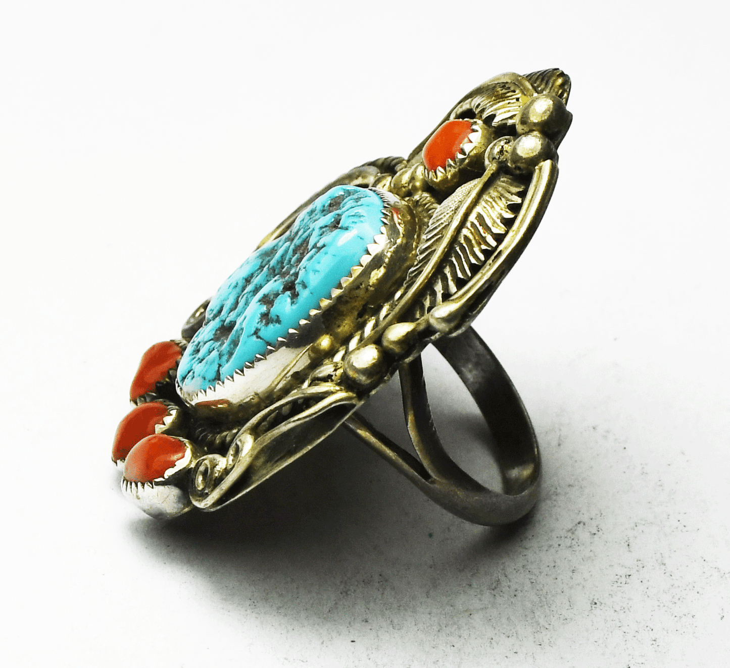 Sterling Silver Phillip Sanchez Turquoise & Coral Ring 41mm Size 7