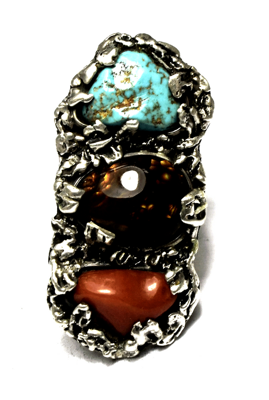 Sterling Lee & Mary Turquoise Coral Fire Agate Ring 46mm Size 8.25