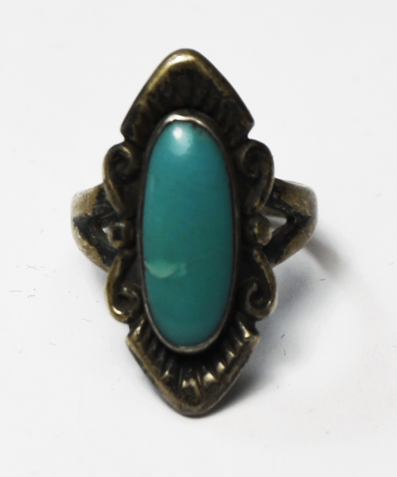 Sterling Silver Antique Bell Trading Oval Turquoise Pointed Ring 26mm Size 5.5