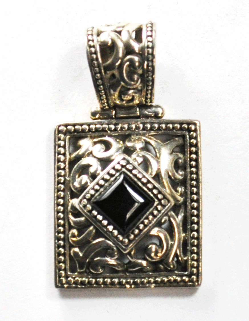 Sterling Black Onyx Square Rectangle Filigree 41mm x 23mm Pendant 6mm Bale