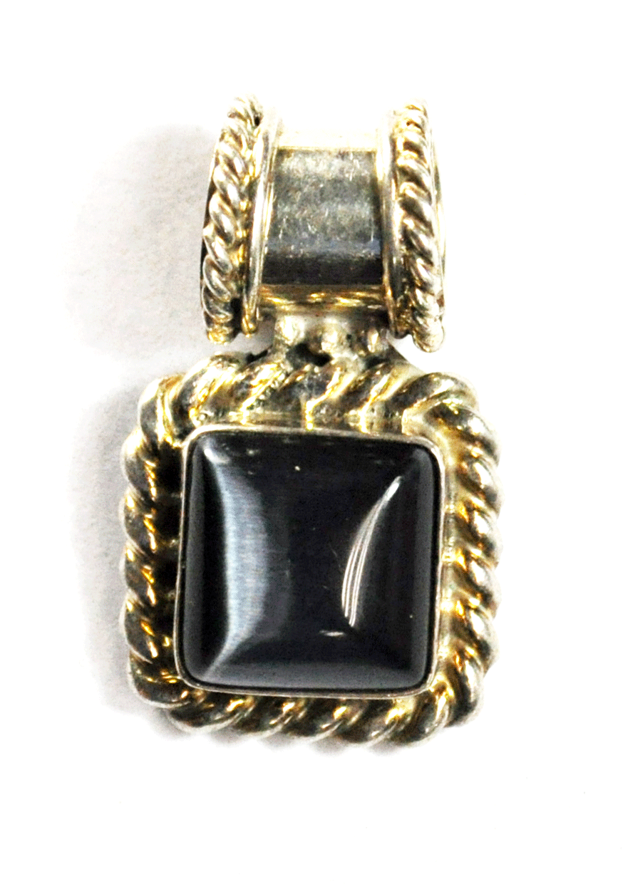 Mexico Sterling Silver Iridescent Black Square 10mm Bale Pendant 36mm x 21mm