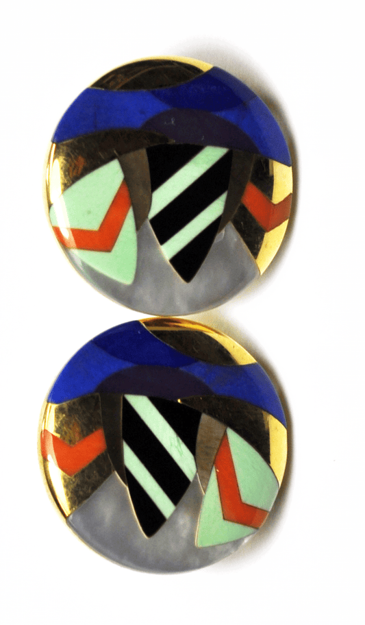 Asch Grossbardt 14k Zig Zag Modern Inlay Abstract Round Omega Earrings 27mm