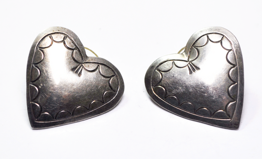 Sterling Silver ANM Heart Shape Etched Earrings 25mm Domed Pierced Studs