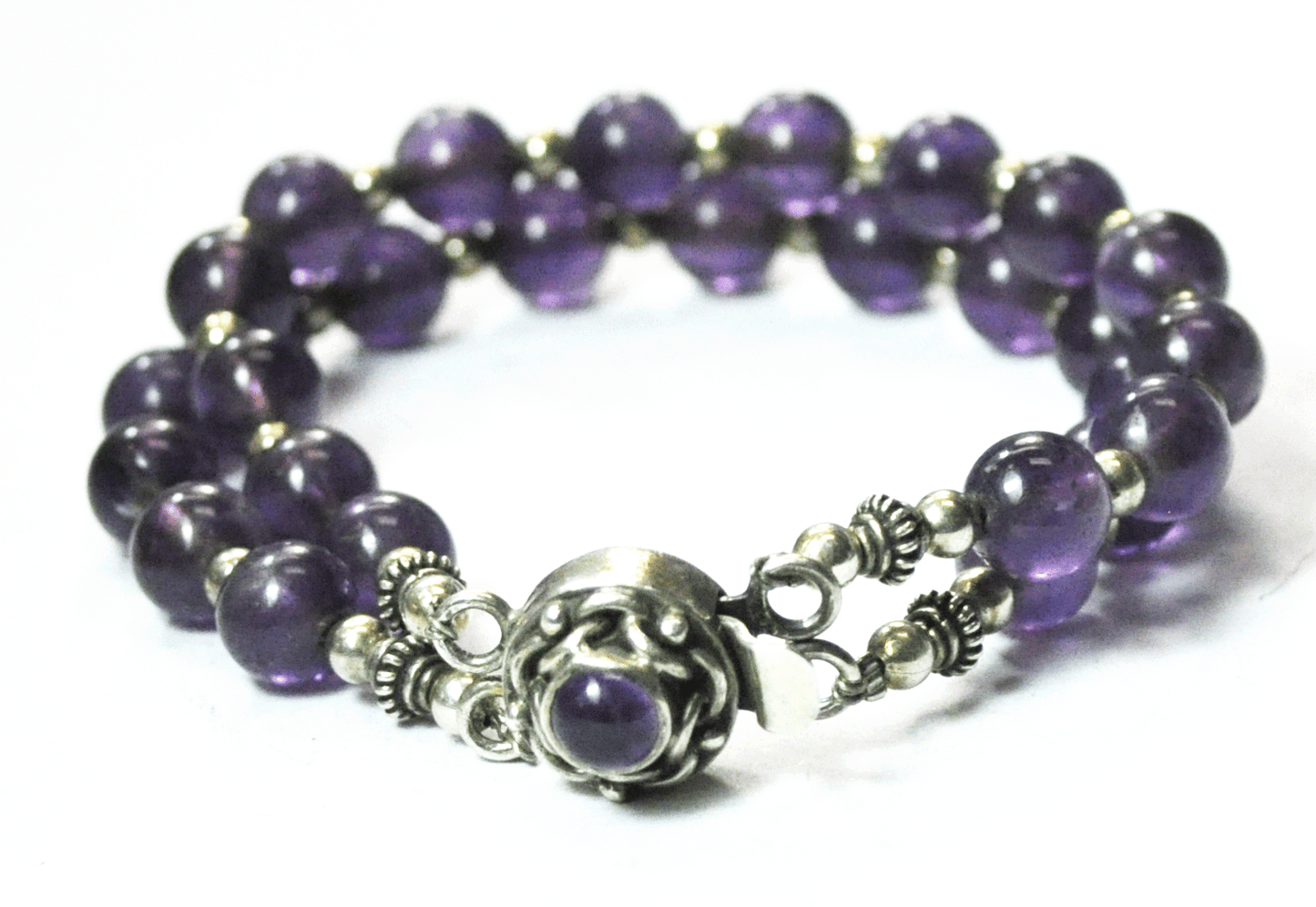 Sterling Silver 8mm Round Amethyst Bead Double Strand Bracelet 7.5"  28g