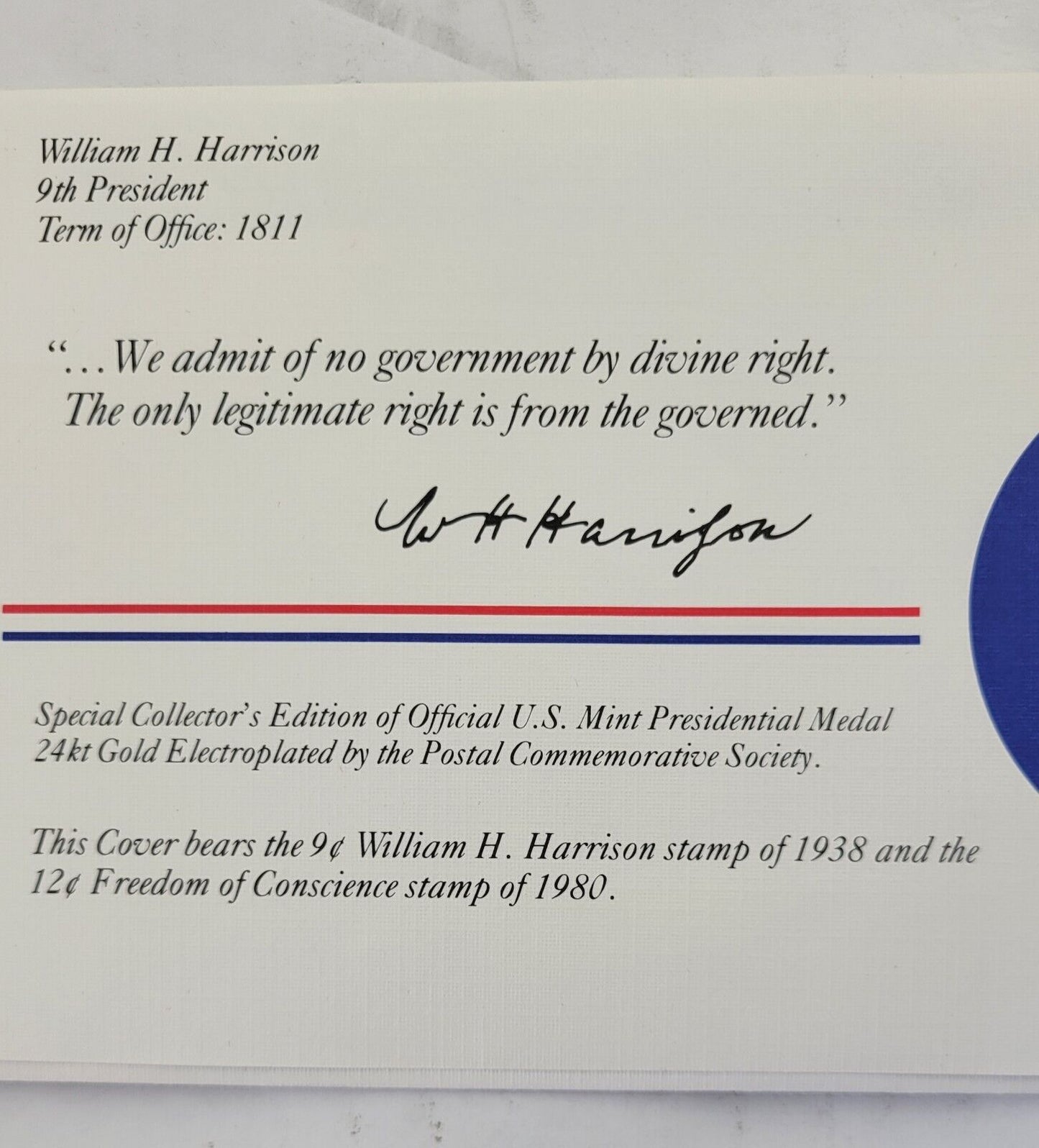 W H Harrison Presidential Covers Medal Postal Commemorative Society Gold Plated