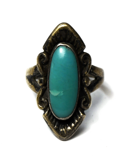 Sterling Silver Antique Bell Trading Oval Turquoise Pointed Ring 26mm Size 5.5