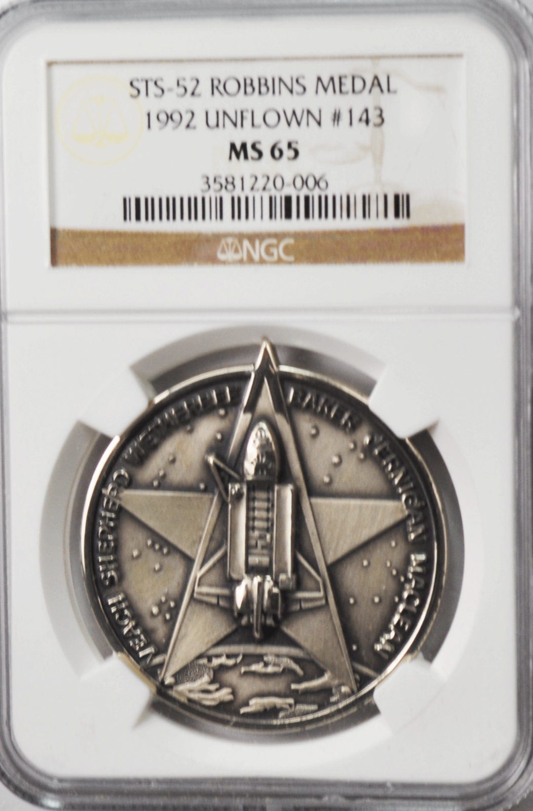 1992 STS-52 Robbins Silver Space Medal Unflown #143 NGC MS65 Columbia