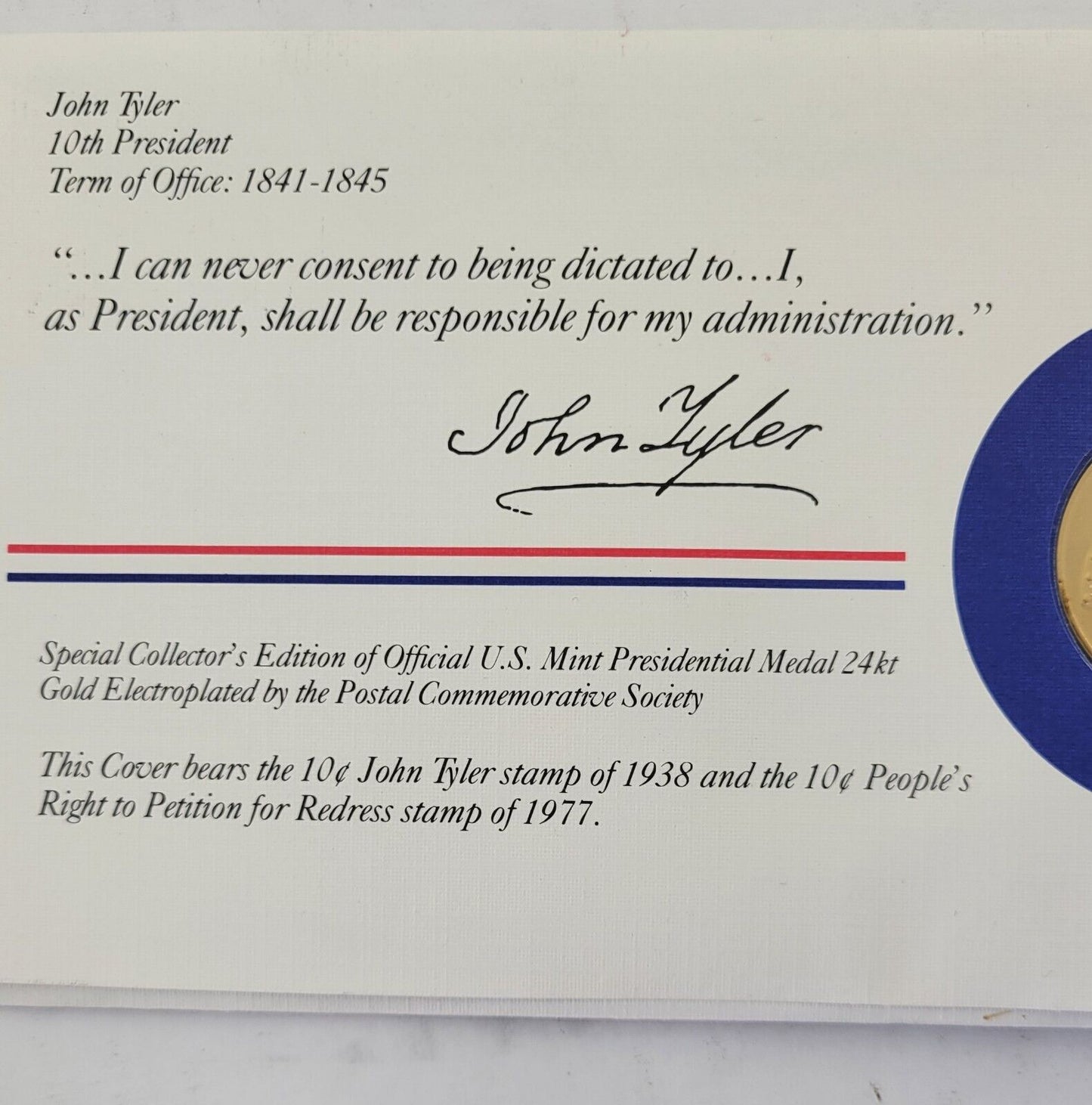 John Tyler Presidential Covers Medal Postal Commemorative Society Gold Plated