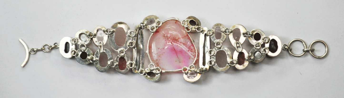 Sterling Pink Agate Quartz Druzy MOP Heavy Wide Link Bracelet 46mm Toggle 8" 87g