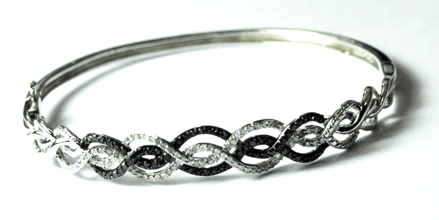 Sterling Black & Clear Diamond Interwoven Hinged Bangle Bracelet 9mm 7" Wrist