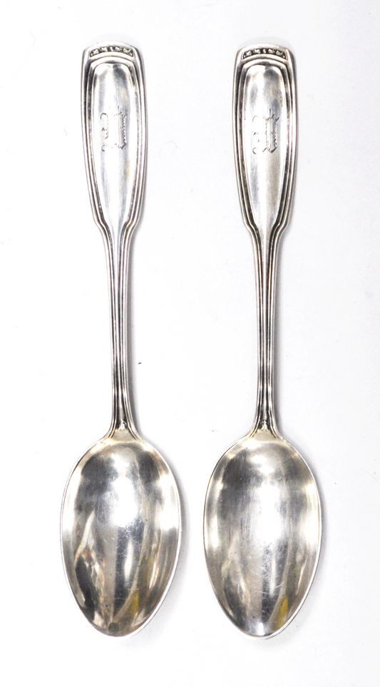 Sterling Pair of Whiting Teaspoon Spoons 5-1/4" Fish Symbol Square Handle W Mono