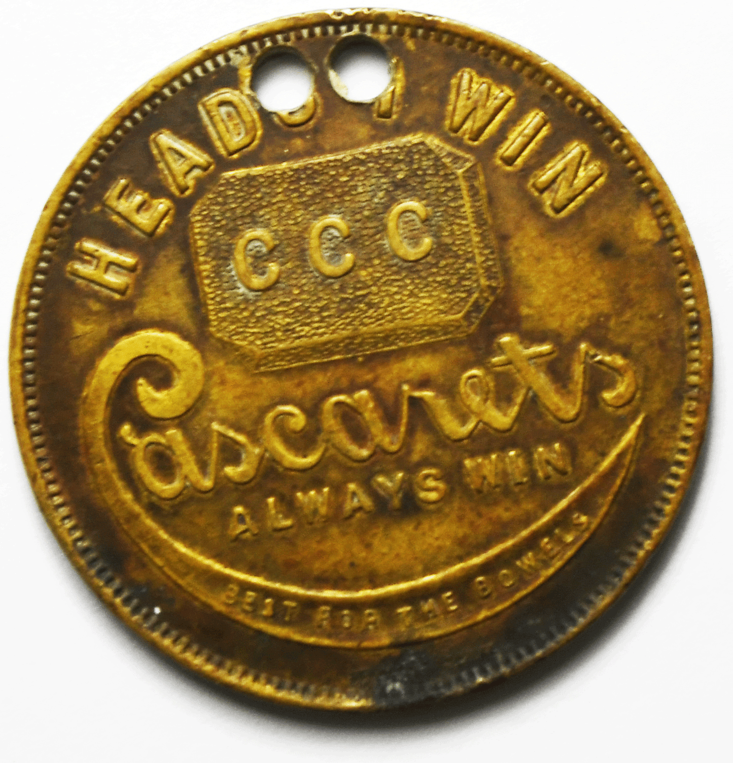 Cacarets Best For the Bowels Laxative Heads Tails Good Luck Token 32mm 2 Holes