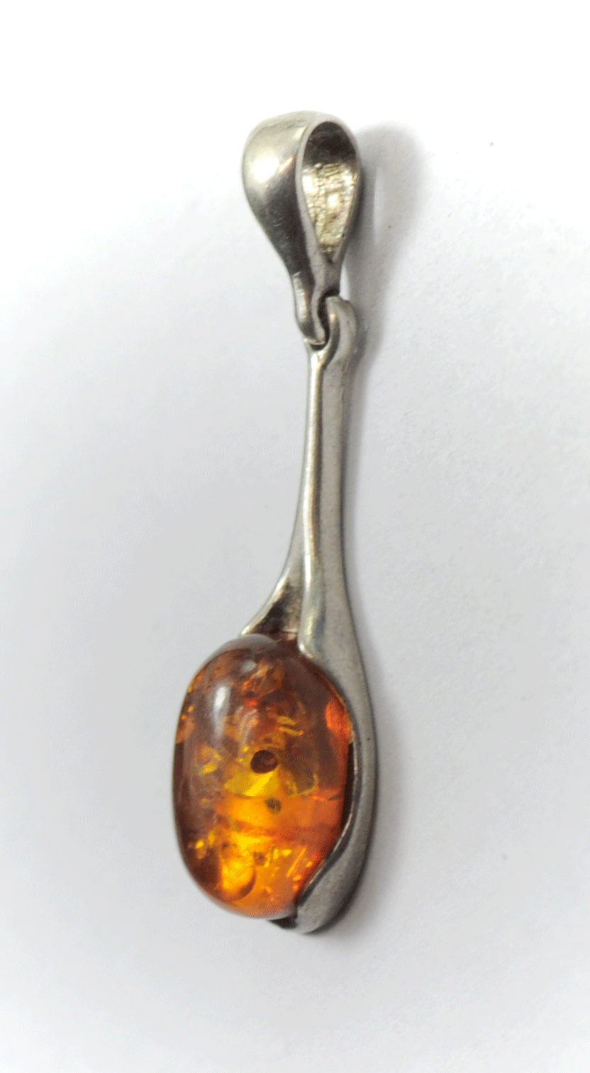 Sterling Oval Orange Amber Teardrop Tennis Racket Pendant 40mm x 11mm