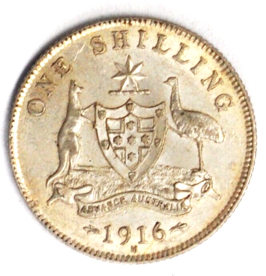 1916 M Australia One Shilling Silver Coin AU Rare KM#26