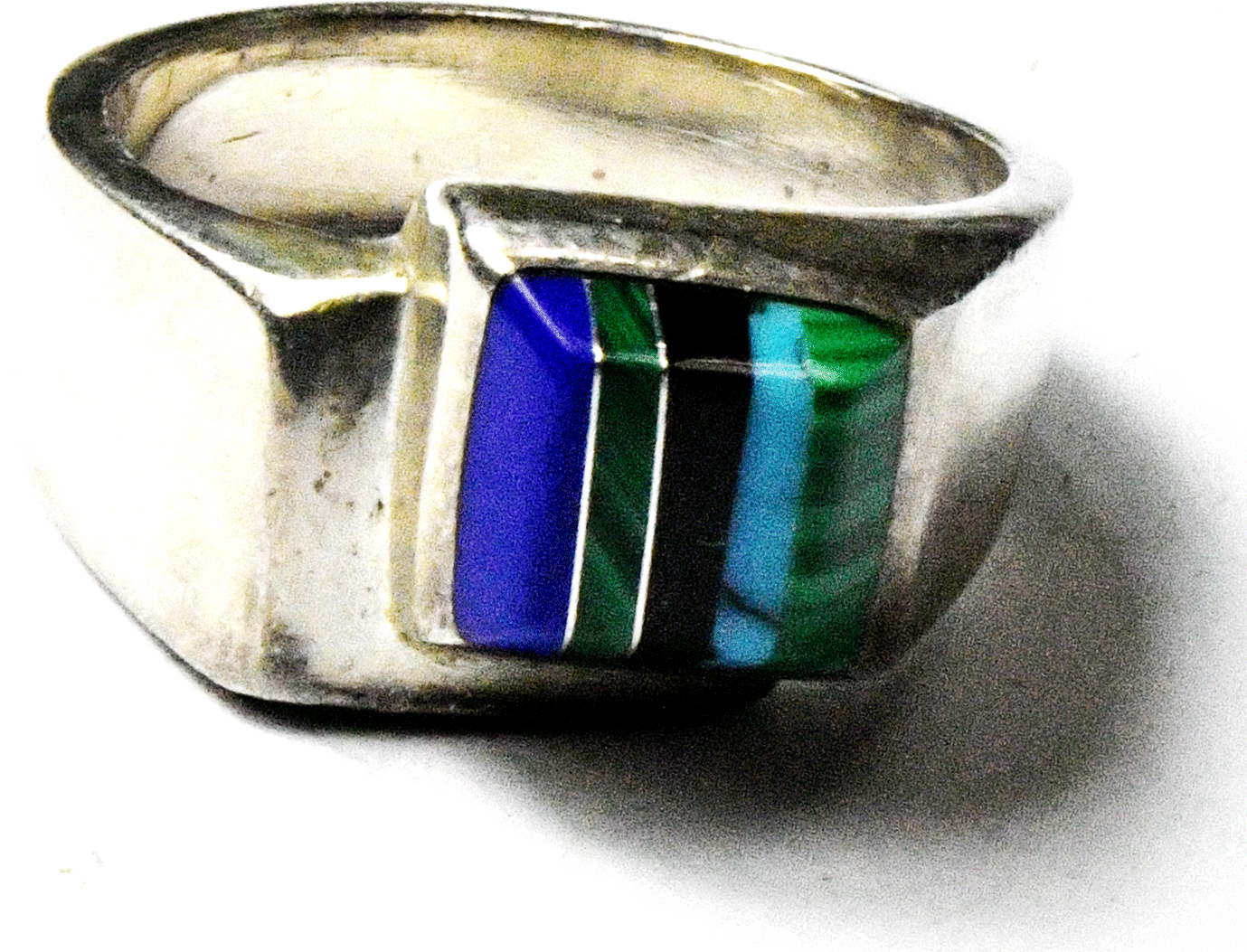 Sterling Silver Coral Turquoise Malachite Lapis Inlay Ring 11mm Size 8.5