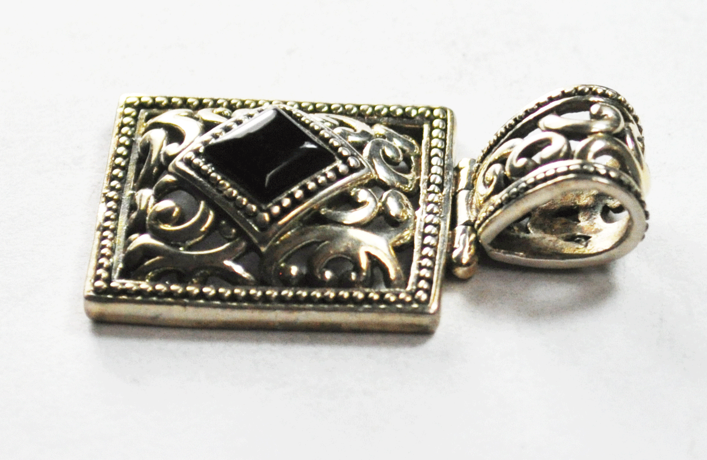 Sterling Black Onyx Square Rectangle Filigree 41mm x 23mm Pendant 6mm Bale