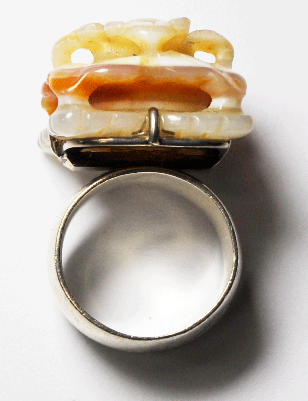 Sterling Flower 18mm Tall Apricot Agate Carved Tiered Petals 21mm Sz 6 Ring