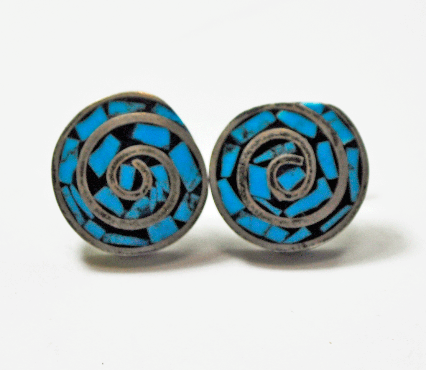 Sterling Mexico TS-102 Blue Turquoise Swirl Inlay Round Earrings 18mm Stud