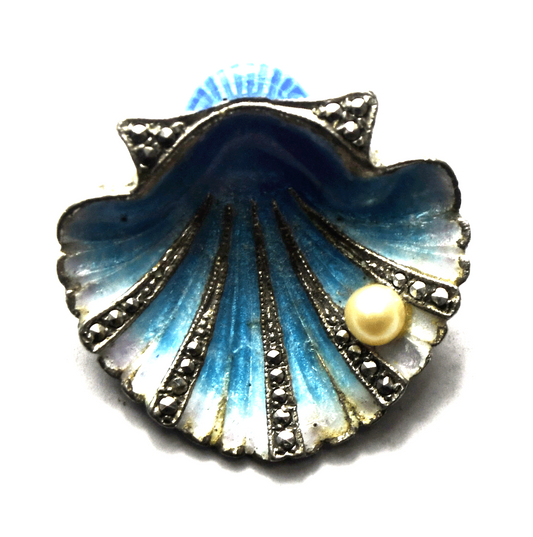 Sterling Silver Alice Caviness Blue Enamel Shell Pearl Brooch Pin 28mm