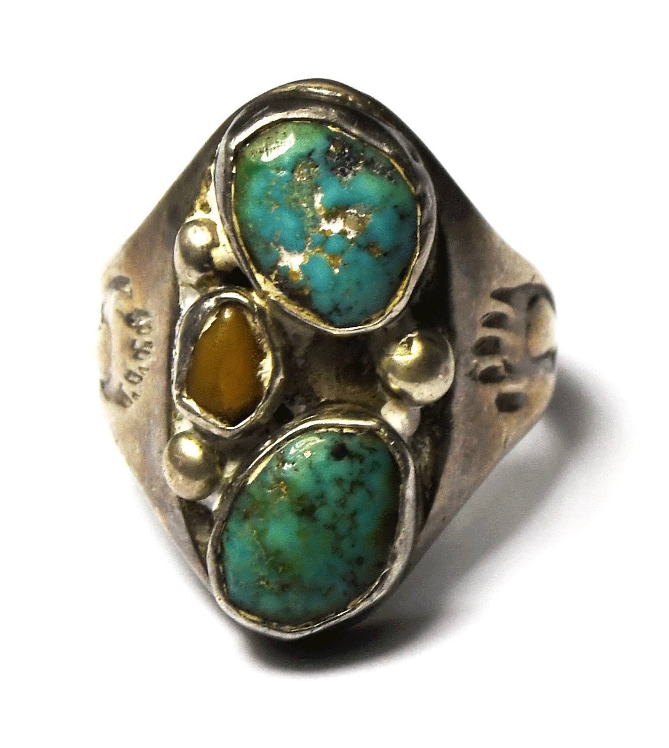 Sterling Silver Antique Double Turquoise Chunk Ring 25mm Bear Paw Edge Size 9