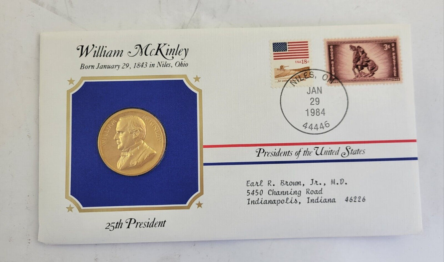 W McKinley Presidential Covers Medal Postal Commemorative Society Gold Plated