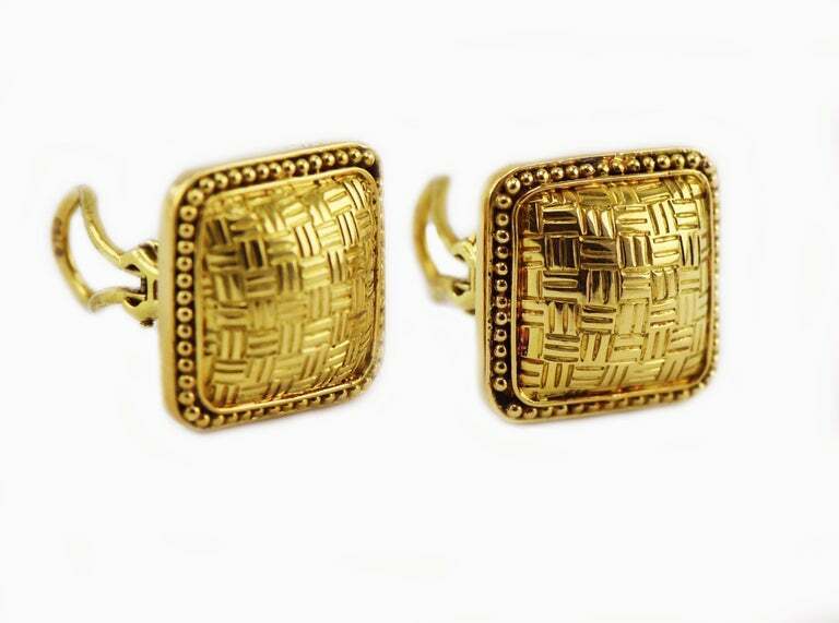 Vintage John Hardy 18k Square Basket Weave Clip-On Earrings with Omega Backs