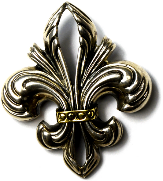 Sterling Silver 18k Gold Lagos Caviar Large Fleur De Lis Brooch Pin 52mm x 45mm