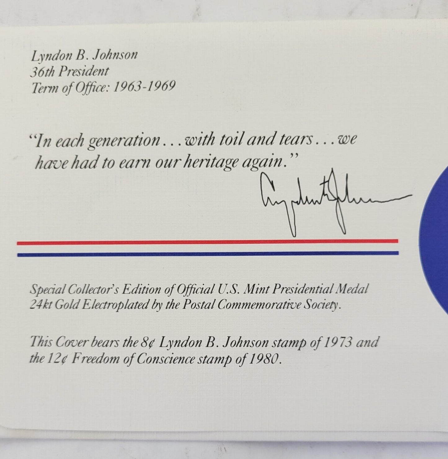 Lyndon Johnson Presidential Covers Medal Postal Commemorative Society Gold Plate