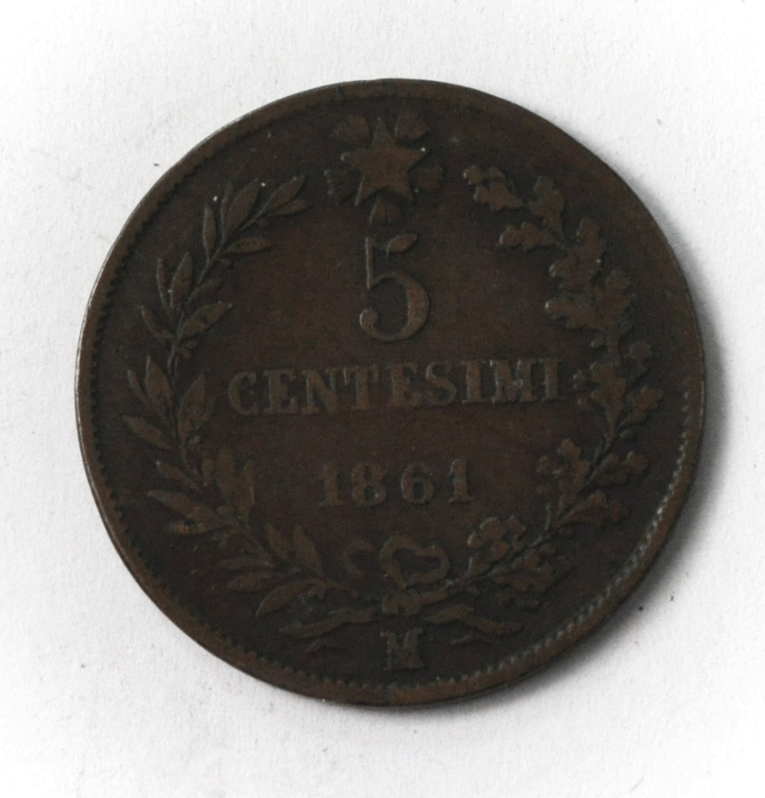 1861 M Italy 5 Five Centesimi Copper Coin  KM# 3.2