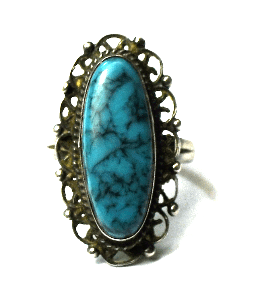 Sterling ART Mexico Faux Plastic Turquoise Filigree Ring 27mm Size 6-1/2