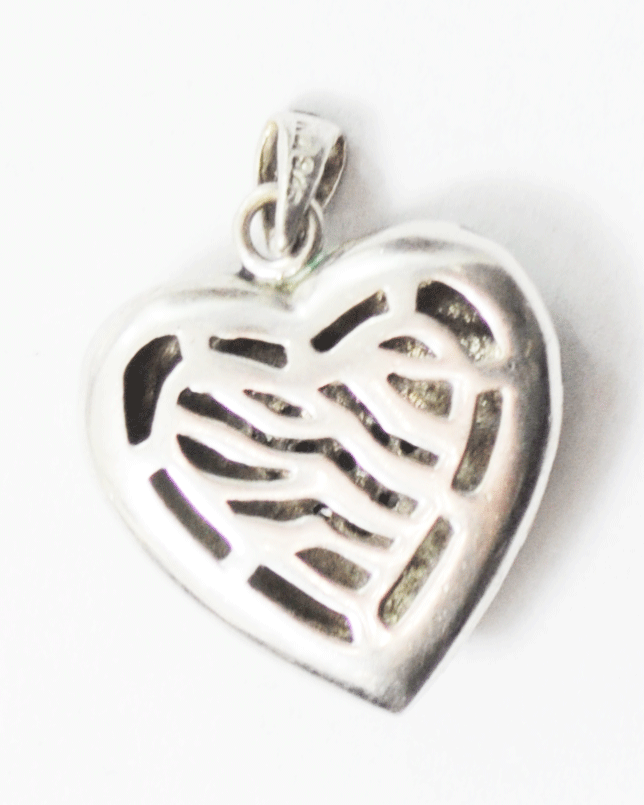 Sterling Black Ivory Enamel Tiger Stripe NDI CZ Pave Heart Pendant 19mm x 25mm